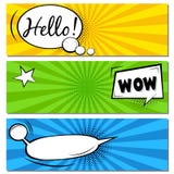 Hello! WOW! Comic speech bubbles. Pop art vector label illustration. Vintage comics book poster on green background.